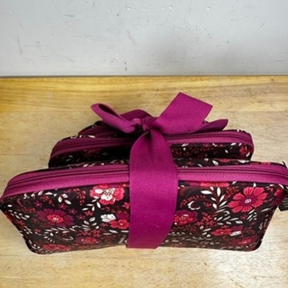 Nicole Miller Cosmetic Bag 3-Piece Set Burgundy Floral Toiletry Travel Pouch NWT - Picture 3 of 6